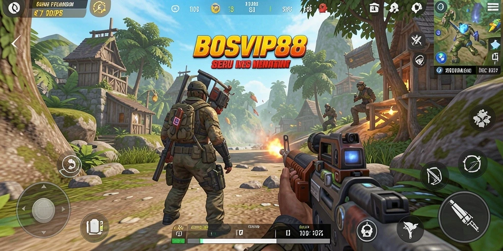 Screenshot gameplay BOSVIP88 menunjukkan petualangan seru dalam mode TPS.