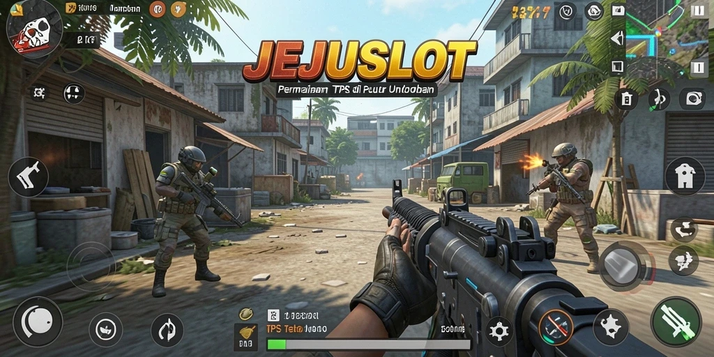 Screenshot JEJUSLOT menampilkan aksi tembak-menembak yang intens.