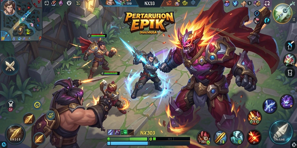 Tampilan gameplay menarik dari NX303 dengan pertarungan strategi MOBA yang intens.
