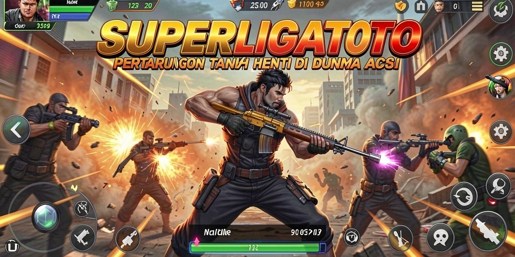Tampilan utama gameplay SUPERLIGATOTO yang penuh aksi.